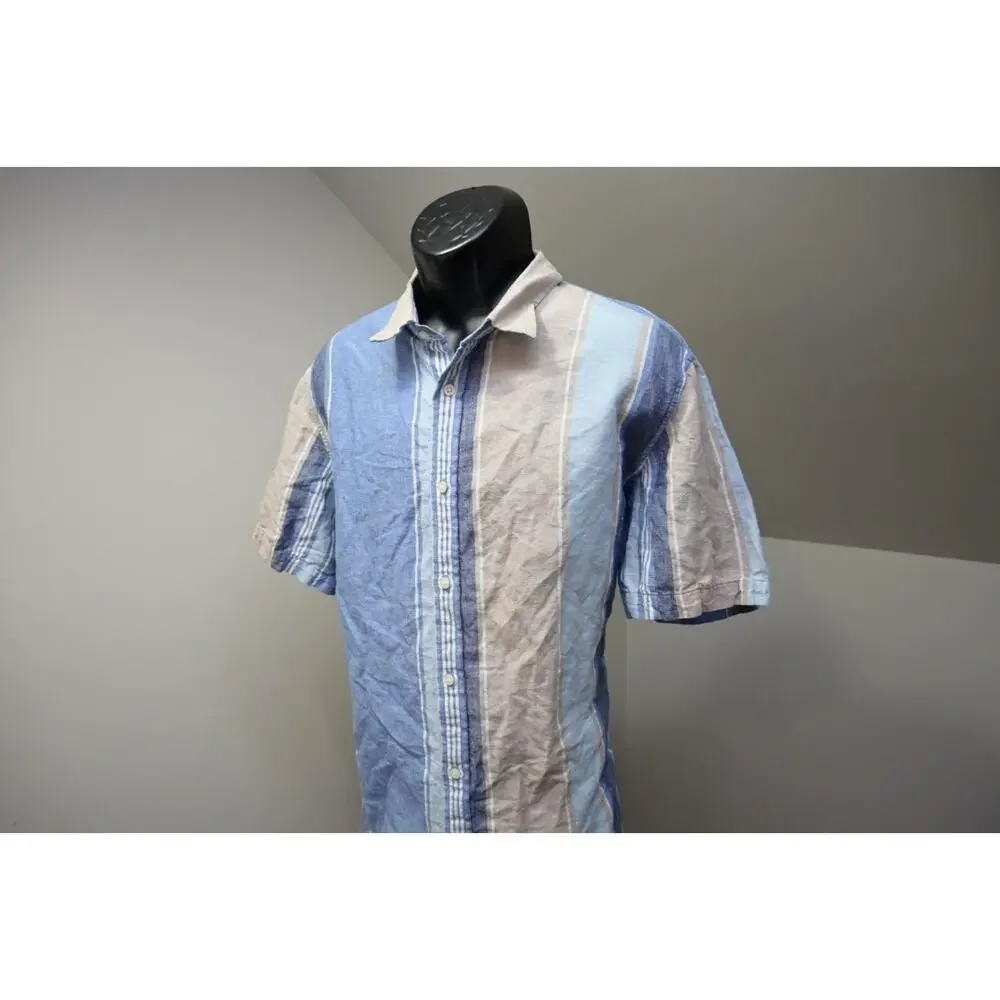 Banana Republic Linen Blend Button Up Shirt Striped Short‎ Sleeve Mens Sz XL
